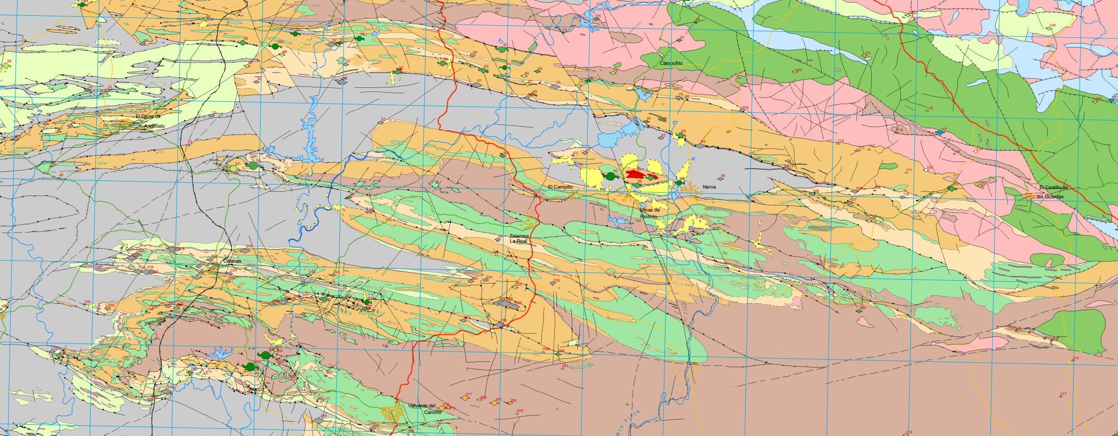 Mapa de Síntesis geológica y situación de yacimientos e indicios minerales en la Faja Pirítica Española