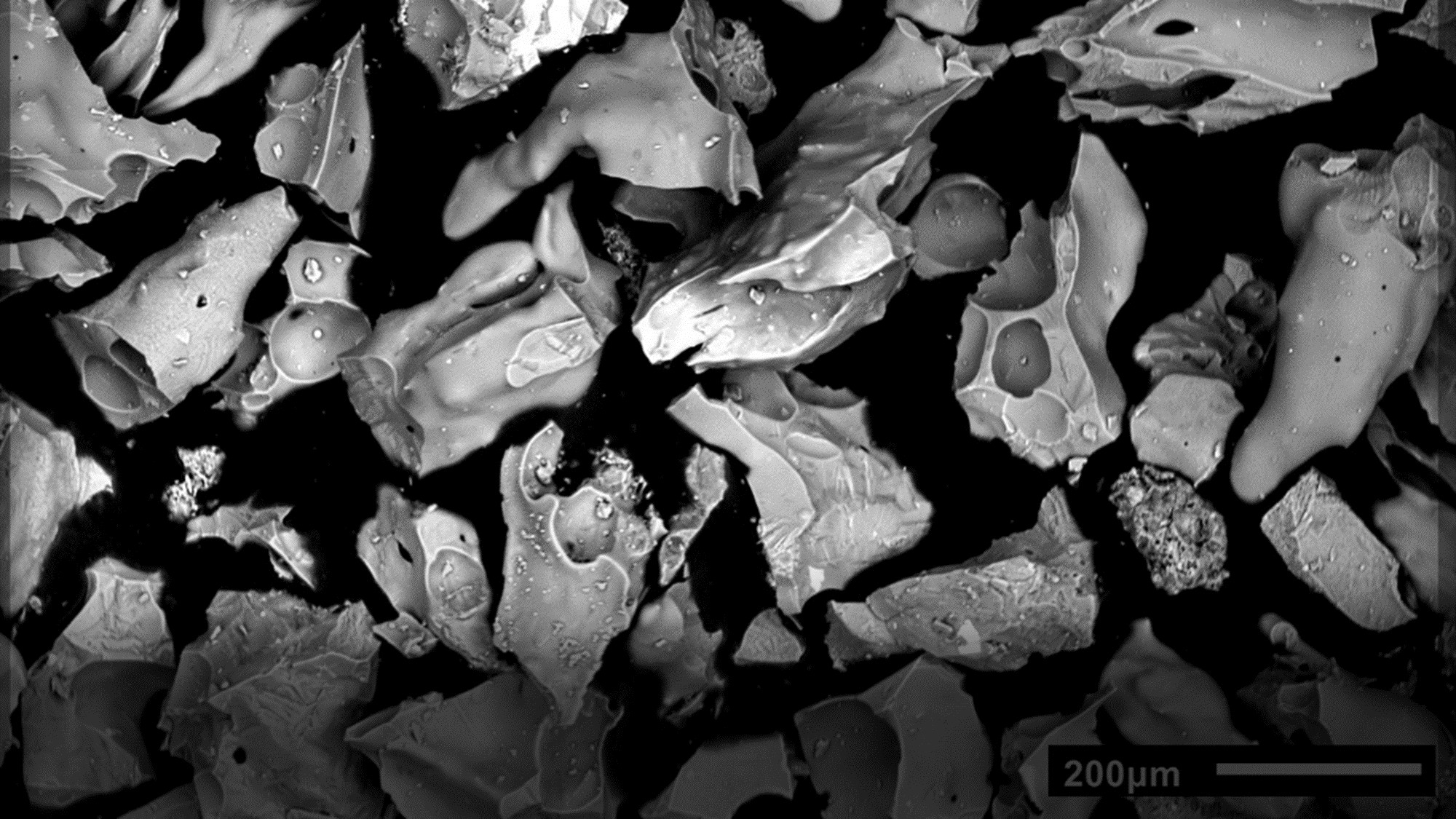 Fotografía de microscopio electrónico de barrido donde se observa la morfología de detalle de las partículas de cenizas expulsadas el primer día de la erupción