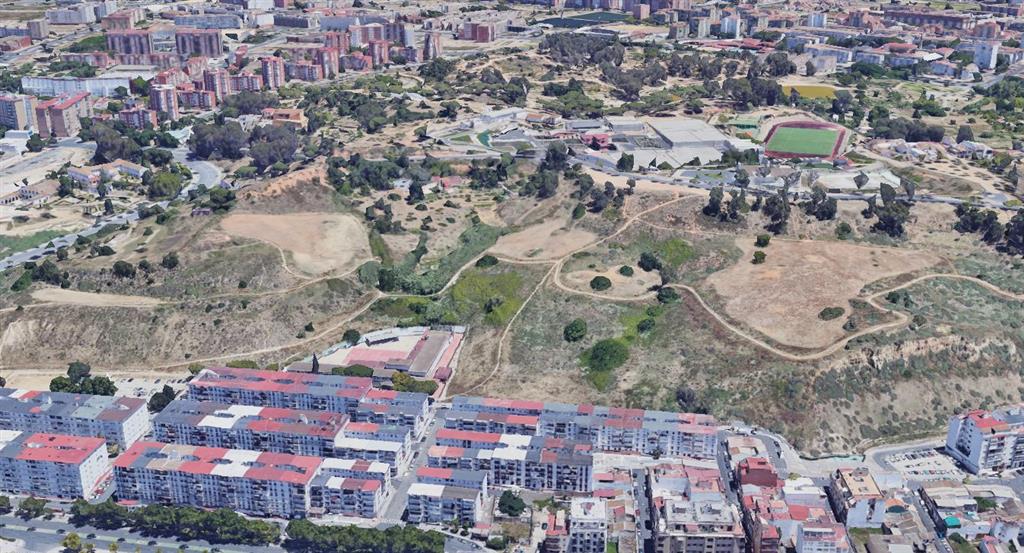 Vista aérea Cabezos de Huelva y parque Moret al fondo. © 2020 Google Earth