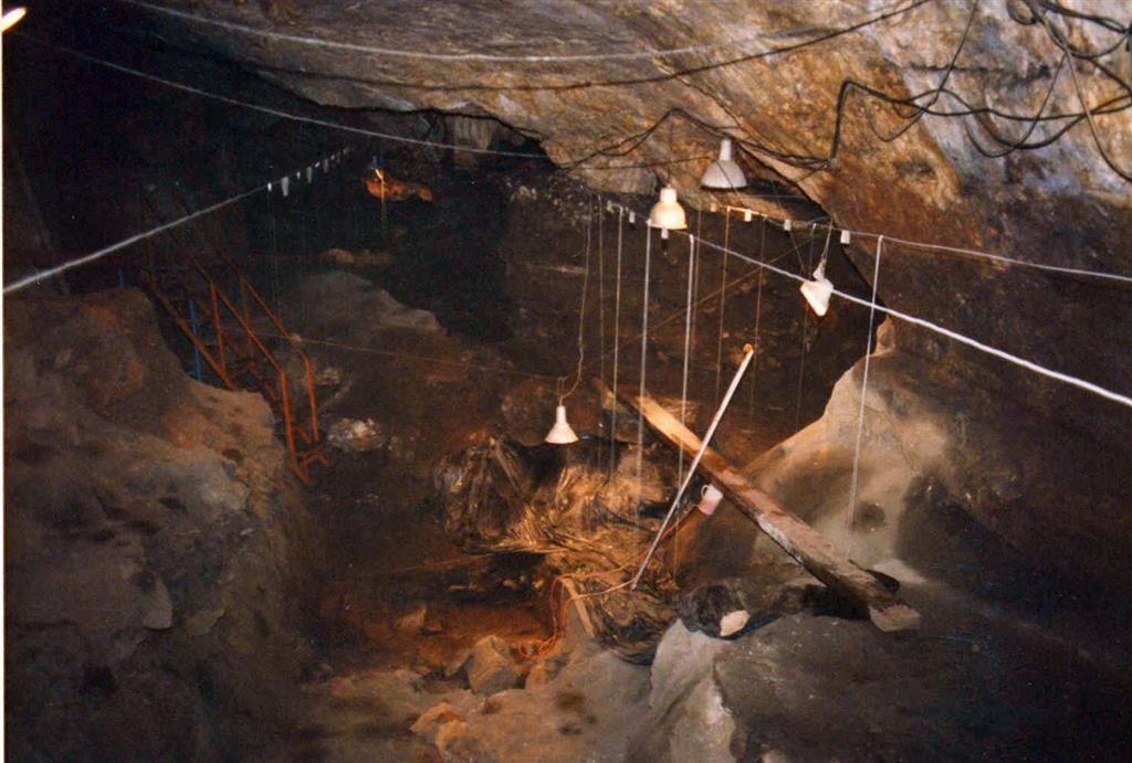 Aspecto de la Sala de la Mina de la Cueva de Nerja, durante las excavaciones de 1986 (foto Jesús F. Jordá Pardo)