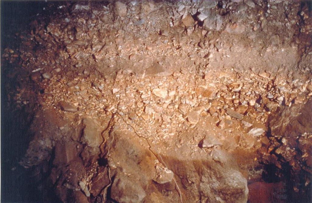 Conglomerado fluvial que constituye el nivel NM 13 de la sección estratigráfica de la Sala de la Mina de la Cueva de Nerja, que marca el límite Pleistoceno superior - Holoceno (foto Jesús F. Jordá Pardo)