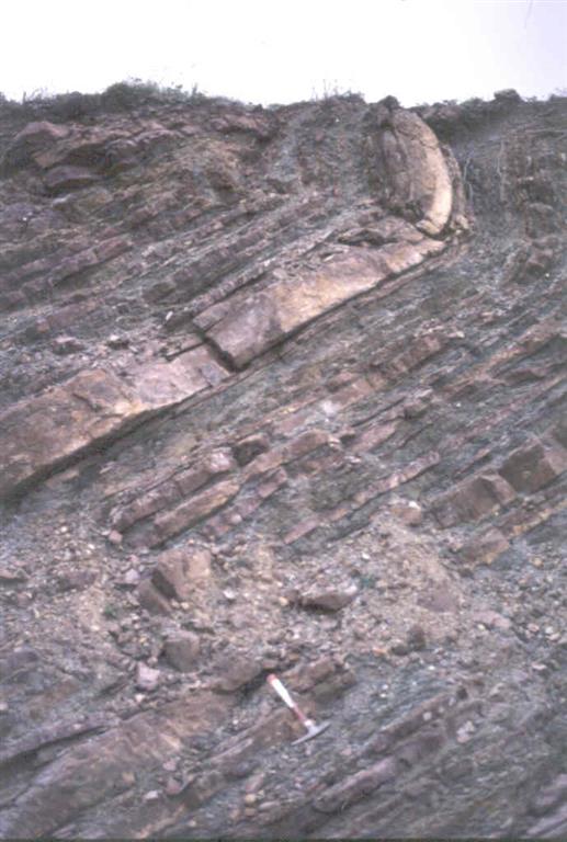 Serie turbidíticas del Carbonífero con pliegues y fracturas.
