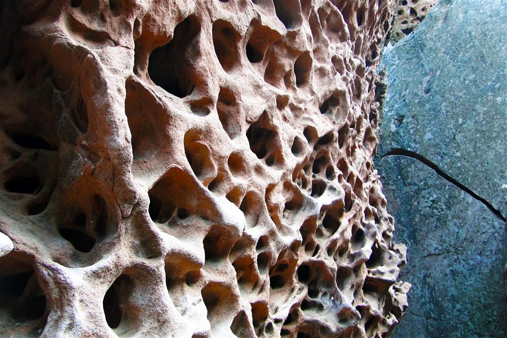 Alrededor del monolito las areniscas presentan grandes formas de erosión en nido de abeja o tafoni.