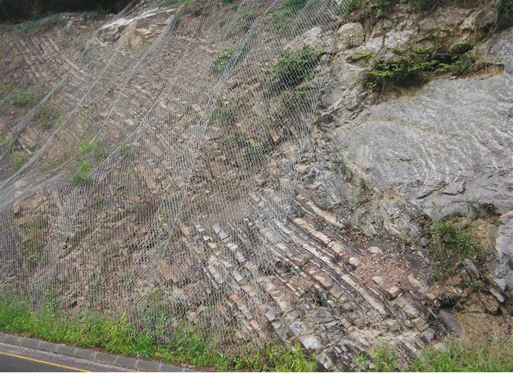 Estratos tabulares de areniscas turbidíticas en la sección de Cerébanes (carretera Cabrales-Panes) sobre los que se dispone un estrato que incluye grandes bloques calcáreos (megaturbidita), de la Fm. Cavandi (Carbonífero Superior, modificado de Merino-Tomé, 2004).
