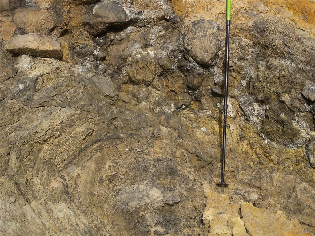 Detalle de la discordancia donde se observa el nivel conglomerático de cantos de gran tamaño que se encuentra sobre el Paleozoico en la base del Cretácico local