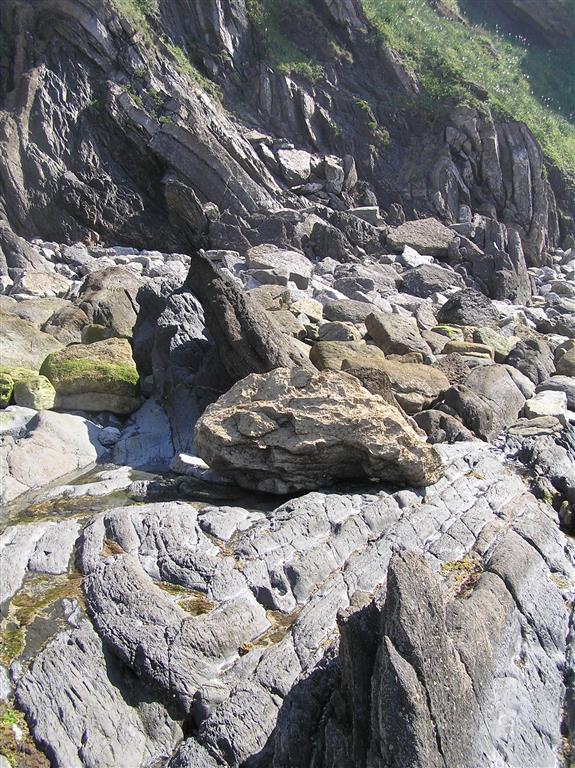 Pliegues de la Fm. Ferroñes, en la sección de Les Llongues, entre la playa de Bañugues y la punta del Aguión.