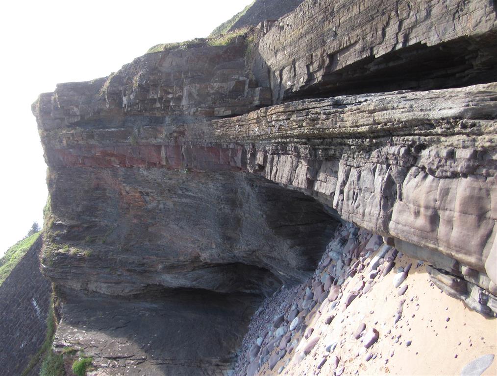 Ejemplos de depósitos arenosos de shoreface: Intervalo de areniscas ferruginosas del shoreface medio-alto contando con base neta al depósitos de shoreface medio-inferior del techo del ciclo mostrado en la Figura F-CA026-03. Techo hacia la parte superior de la fotografía.