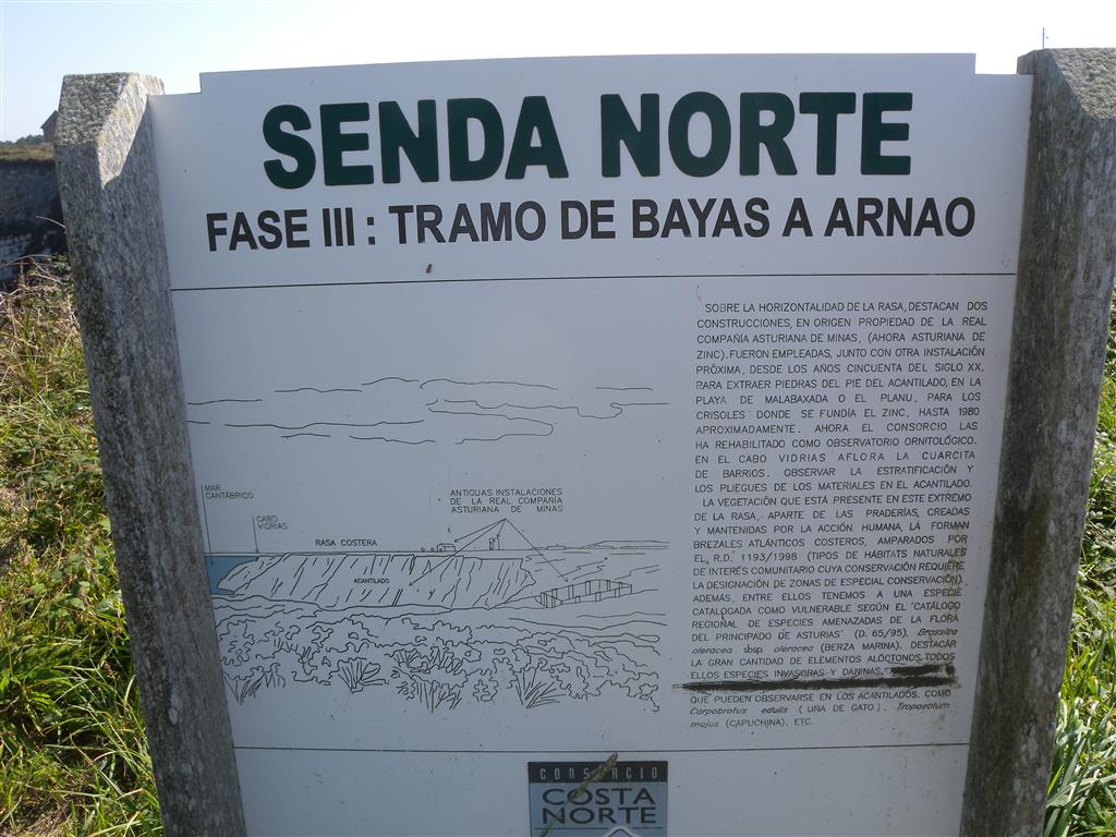 Fotografía de uno de los paneles informativos existentes en el recorrido peatonal Senda Norte que une la localidad de Arnao y el Sablón de Bayas, al oeste del Cabo Vidrias