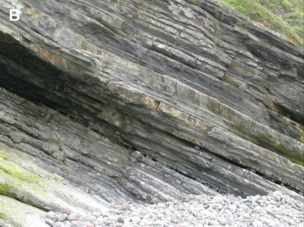 Contacto entre la serie del Sinemuriense Superior y la del Pliensbachiense de la Formación Rodiles en los acantilados de Huerres.