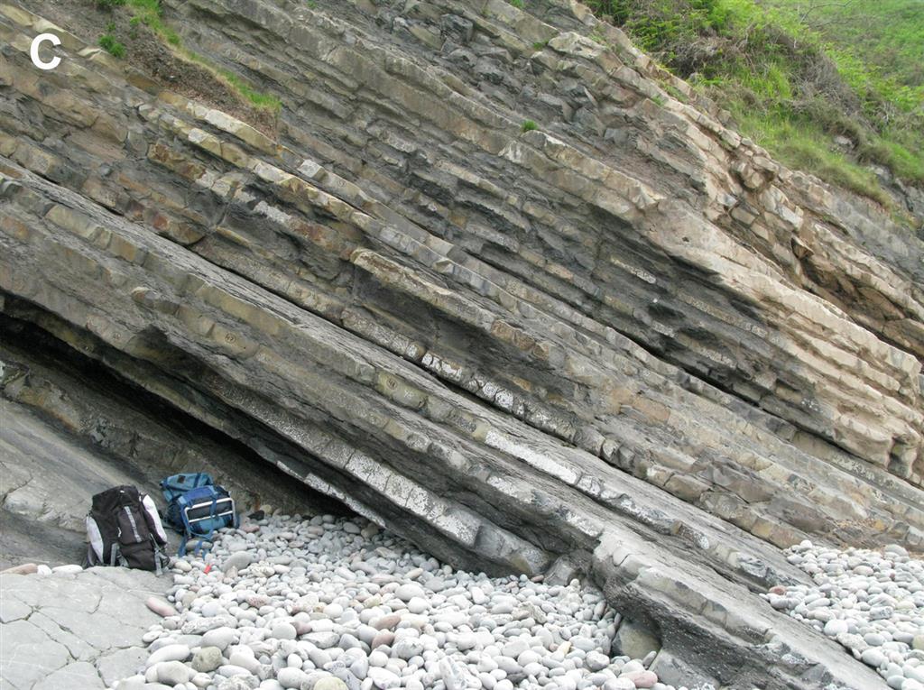 Detalle de las alternancias de calizas y margas del Pliensbachiense. Formación Rodiles en los acantilados de Huerres.