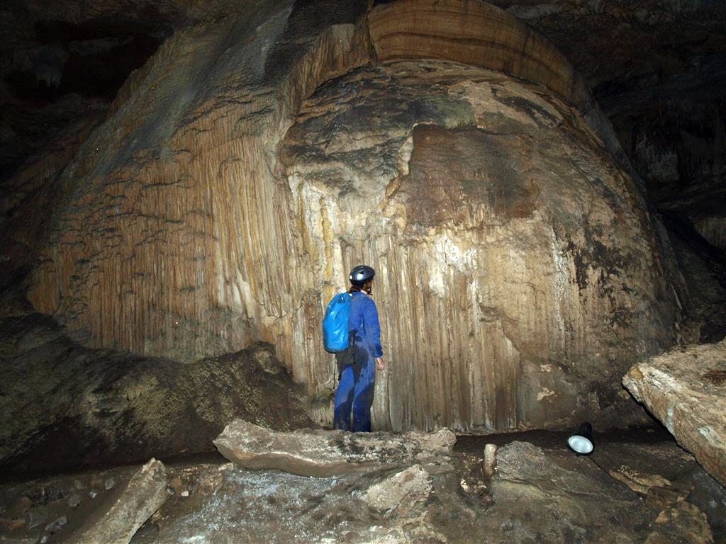 Espeleotema tipo flowstone en el interior de la Cueva de El Pindal datado en más de 166 ka.