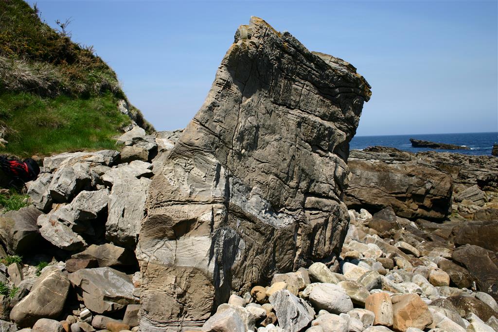 Estructuras inorgánicas: Deformaciones producidas por escape de fluidos en un cuerpo areniscoso de la Formación Lastres. Acantilados al oeste de la playa de Merón