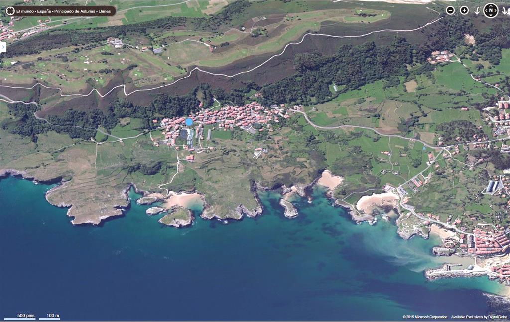 Vista oblicua de la zona de estudio (la localidad de Cué marcada con un punto azul). Fuente: BingMaps