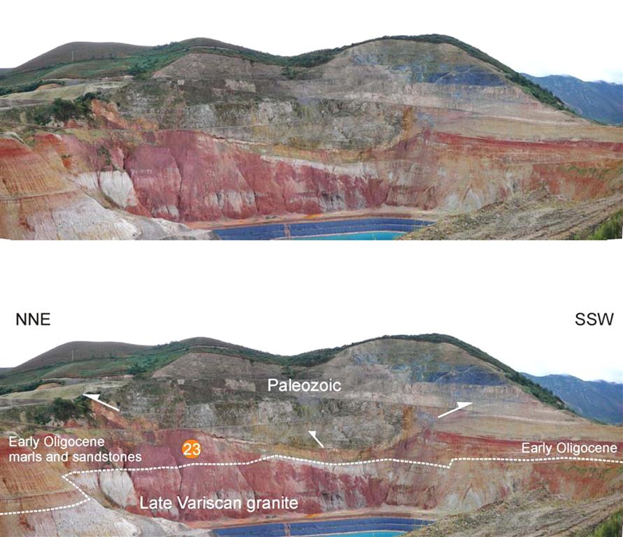 Detalle de la discordancia del Cenozoico sobre la zona mineralizada y traza del cabalgamiento alpino en el talud E de la corta El Valle (de Vicente y Olaiz, 2009)