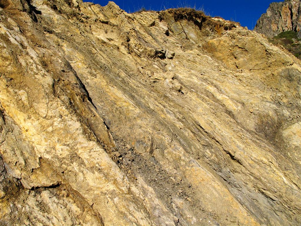 Aspecto de las dolomías y margas de la Formación Felmín. En estos niveles resultan frecuentes algunas estructuras sedimentarias ligadas a ambientes que experimentaban desecaciones con relativa frecuencia (hard-grounds, cristales de sales, etc.). También abundan las laminaciones algales y estructuras de  tipo estromatolito.
