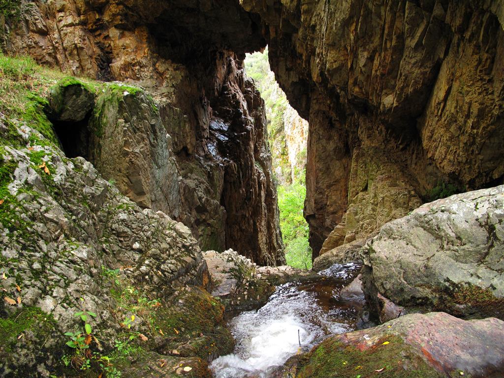 Imagen del punto en el que el arroyo de Valdecésar se sume en el gran salto que da lugar a la cascada de Nocedo, aprovechando una abertura en las cuarcitas ordovícicas de la Formación Barrios.