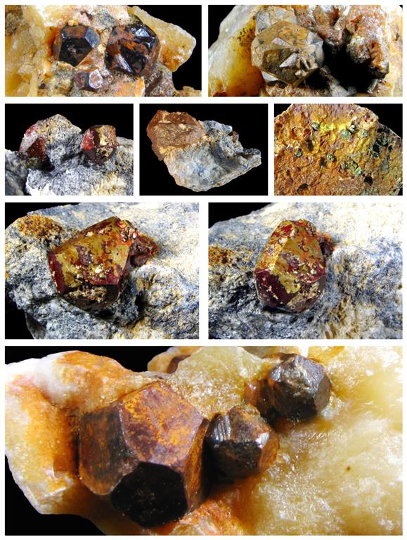 Varios cristales de pirita con facies dodecaédrica recogidos en las escombreras de la mina San Andrés. Resulta frecuente el hallazgo de cristales maclados, como el que ilustra la imagen superior derecha.