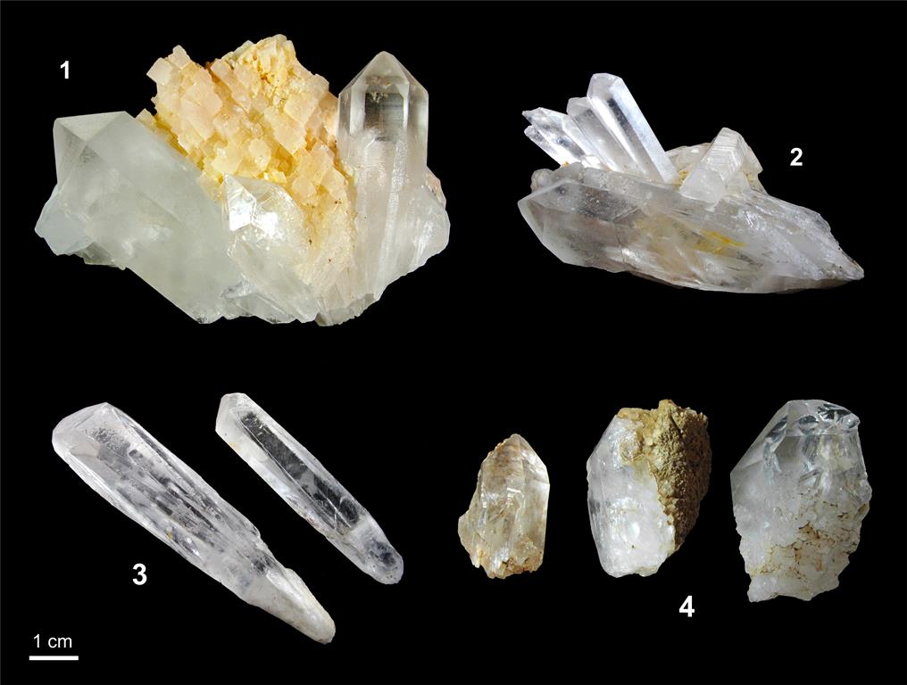 Cristales de cuarzo (variedad cristal de roca), procedentes de las minas de talco del entorno de Puebla de Lillo (1, 2 y 3 proceden de la mina La Respina y 4 de la mina San Andrés).