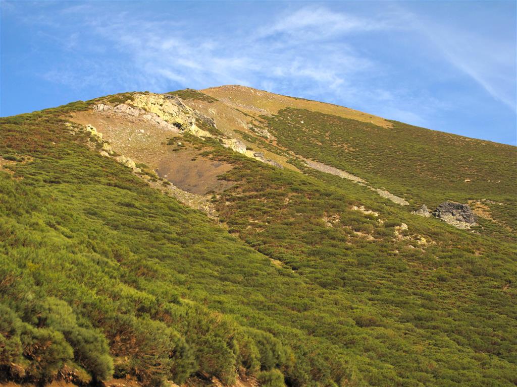 Panorámica de la ladera sur-sureste del pico Brañacaballo (2182 metros), el más elevado de la cuenca del río Bernesga. La imagen está tomada desde un punto de la pista de acceso situado en una cota de unos 1900 metros. Las formas de origen periglaciar están situadas en las superficies desprovistas de matorrales que se aprecian en las inmediaciones de la cima.