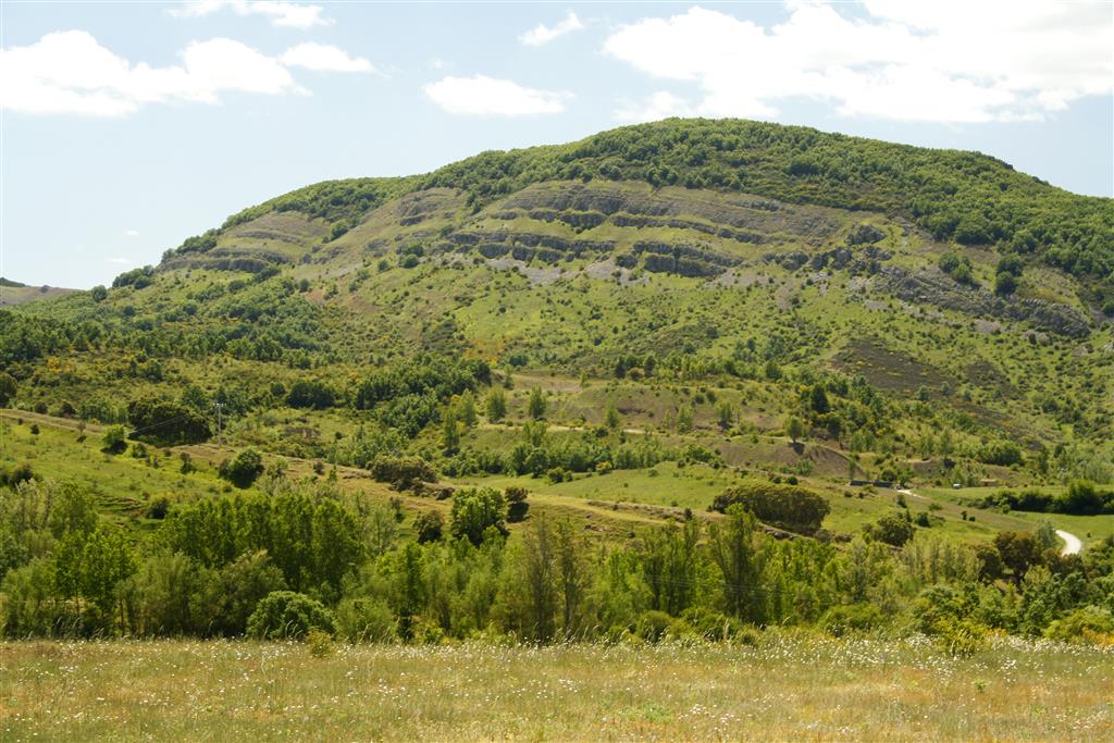 Afloramiento de rocas paleozoicas al sureste de Grandoso, localidad muy próxima a este LIG. En la ladera se reconoce una sucesión muy completa de rocas del Devónico.