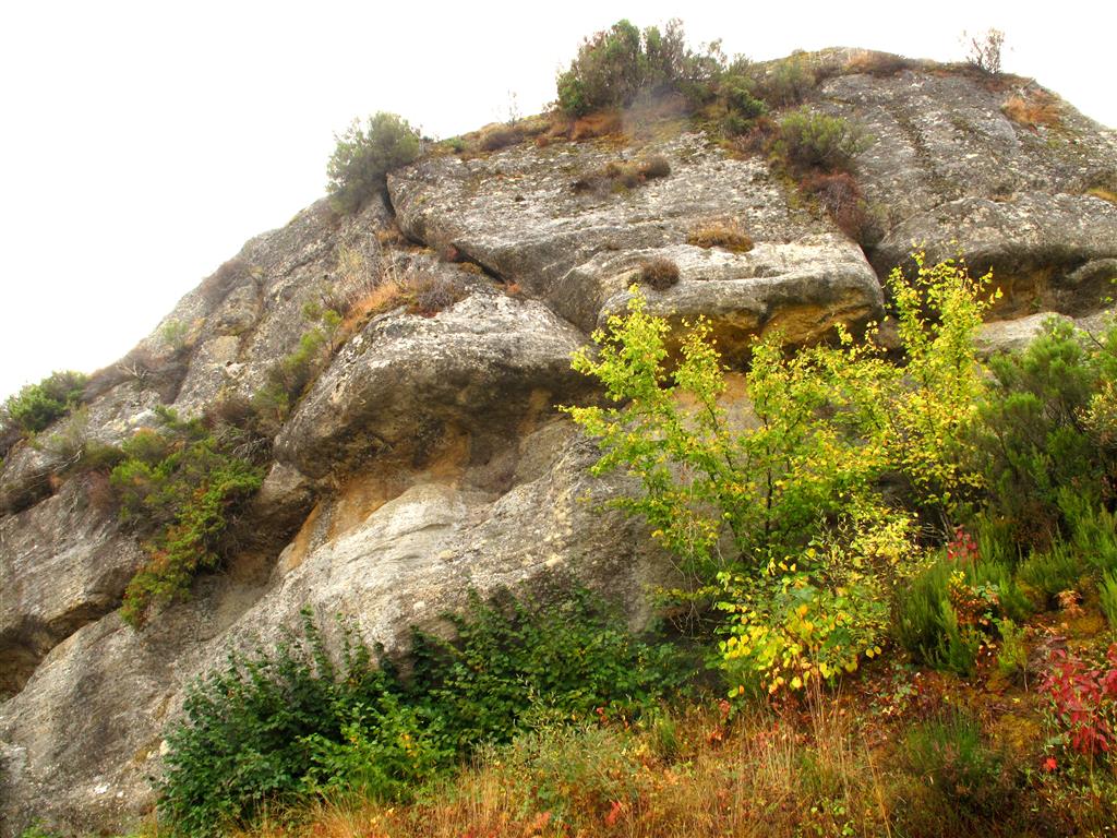 Afloramiento de calizas y conglomerados cretácicos al este de la discordancia. Aquí pueden identificarse estructuras sedimentarias de tipo estratificación cruzada y paleocanales.