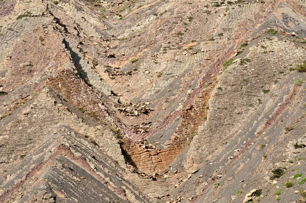 El buzamiento, alto y dirigido hacia el arroyo, de las capas que forman la turbidita ha favorecido la exposición y posterior acarcavamiento de la ladera.