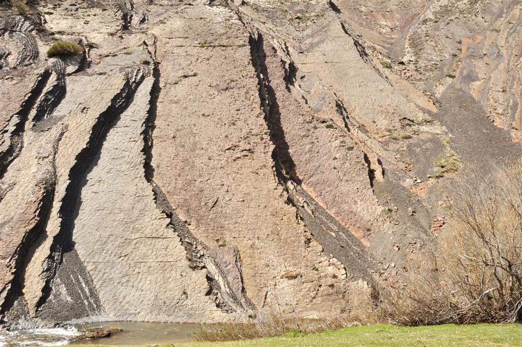 El buzamiento de los estratos favorece la exposición de las superficies que muestran una gran cantidad de estructuras sedimentarias e icnofósiles, típicas de las series turbidíticas. En la fotografía se aprecian especialmente largas marcas de arrastre conservadas como contramoldes.