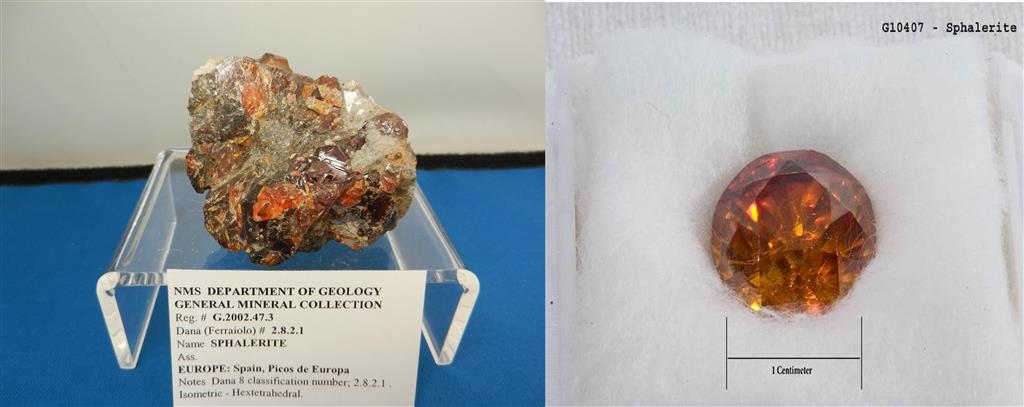 A la izquierda, esfalerita perteneciente al Real Instituto Belga de Ciencias Naturales; a la derecha esfalerita tallada procedente de Áliva, perteneciente a la colección del Smithsonian Institute (Washington, EE.UU).