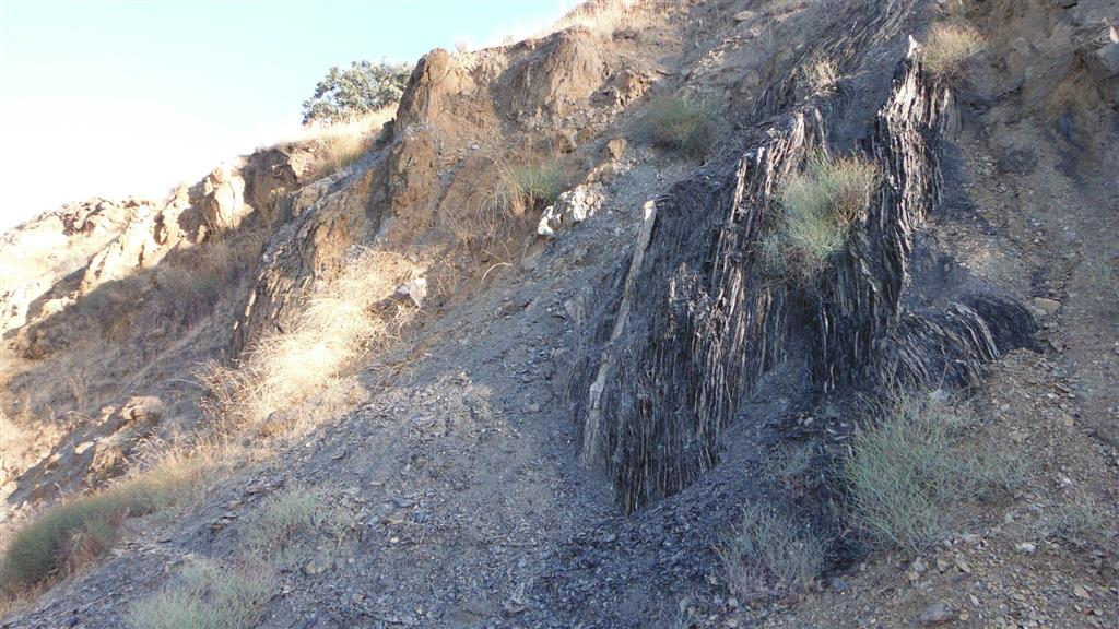 La falla de San Javier, que en la foto separa las tobas volcánicas con colores rojizos por la alteración, a la izquierda, de los materiales detríticos, areniscas y pizarras, del Ordovícico Superior, a la derecha.