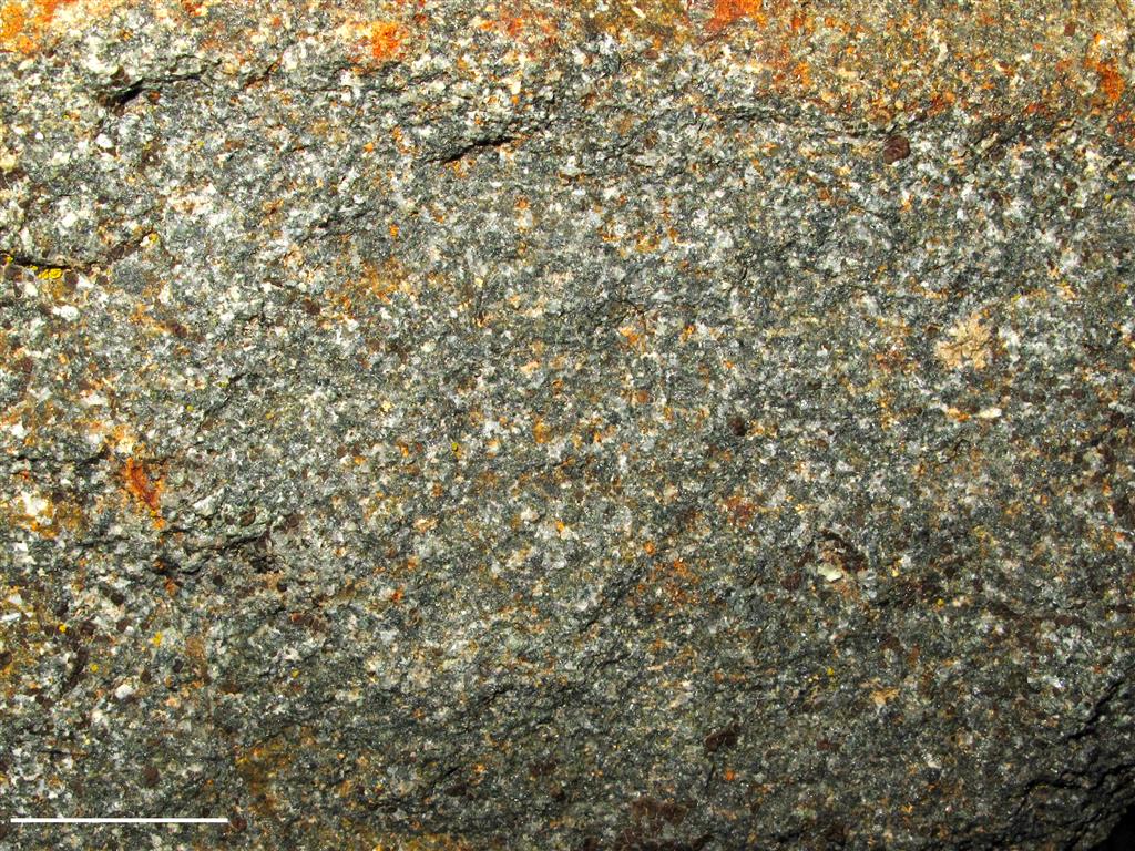 Aspecto de las rocas piroclásticas de Cunas en corte fresco. Barra de escala= 1 cm.