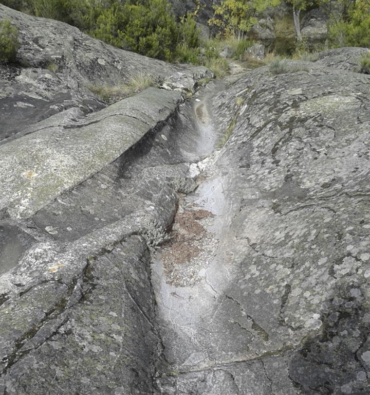 Sobre una roca aborregada del cañón, canal subglaciar y diques de aplitas afectados por
tectónica. Sirva de escala la vegetación del fondo.