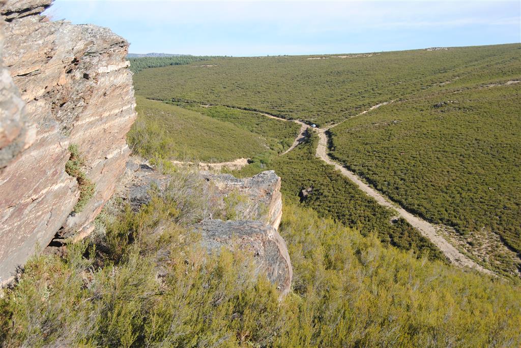 Panorámica del lugar, con un afloramiento de las Capas de los Montes y vista del último tramo de la pista forestal de acceso
