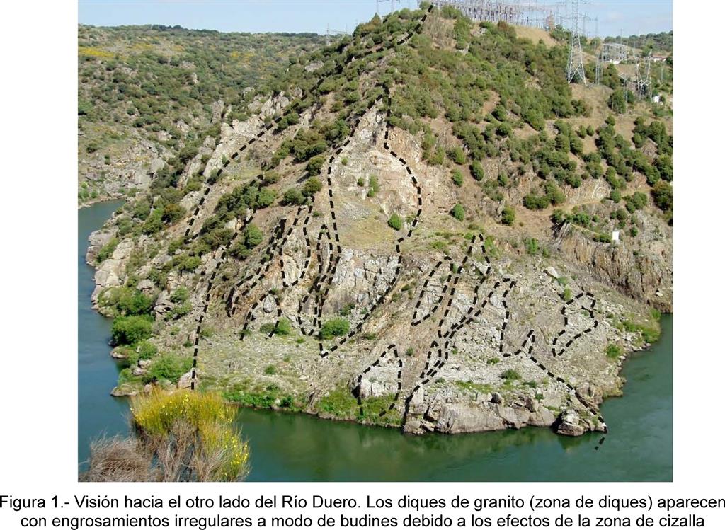 Visión hacia el otro lado del Río Duero. Los diques de granito (zona de diques) aparecen con engrosamientos irregulares a modo de budines debido a los efectos de la zona de cizalla