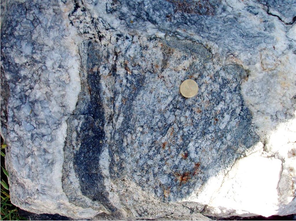 Boudin de granito porfídico biotítico en contacto con mármol. Nótese la existencia de un borde de reacción entre el mármol y el granito.