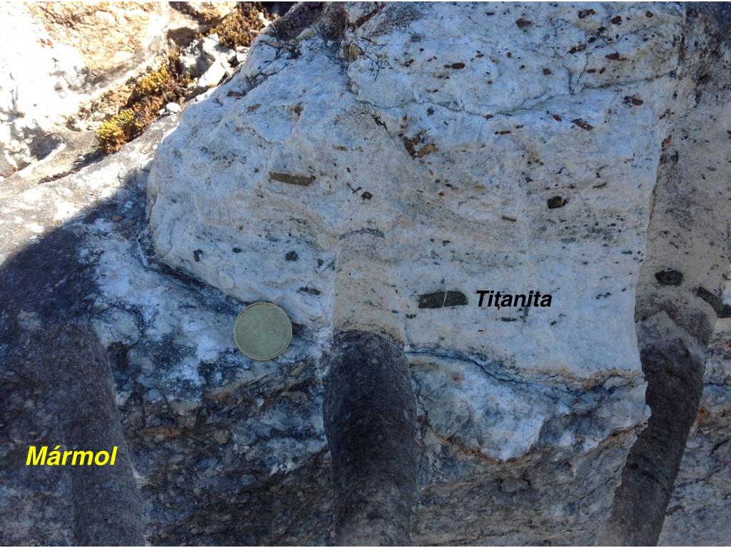Contacto entre mármol y roca silicatada (¿aplita?) en la que se han desarrollado megacristales de titanita, generalmente muy alterados.
