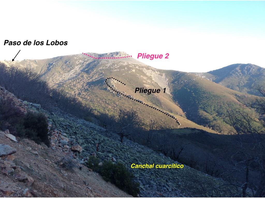 Diferentes tipos de pliegues en el entorno del pliegue del Paso de los Lobos y gran canchal cuarcítico en primer término. Vista tomada desde el NW.