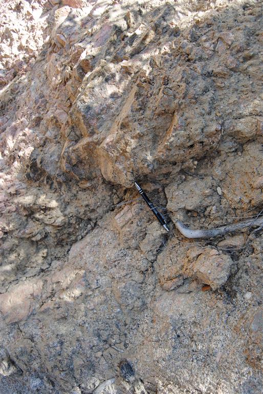 Contacto neto, aunque afectado por la brechificación, entre el anterior dique de pórfido monzo-sienítico (parte superior) y el granito adamellitico de Las Trochas (parte inferior de la fotografía)  