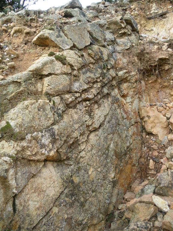 Vista del plano de falla gracias a la fácil erosión de las arenas cretácicas en contraste con los granitoides paleozoicos. Se aprecian oxidos de hierro en el plano.