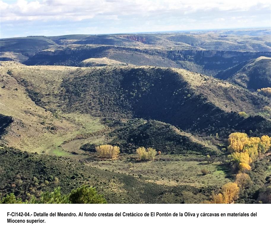 Detalle del Meandro. Al fondo crestas del Cretácico de El Pontón de la Oliva y cárcavas en materiales del Mioceno superior.