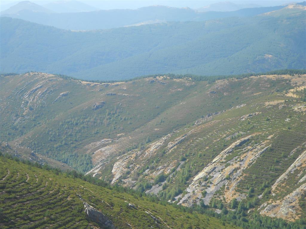 Perspectiva del valle-cabecera del río Jaramilla, donde se observan en su margen derecho varios pliegues en cuarcitas vinculados a la Fase de deformación D3.
