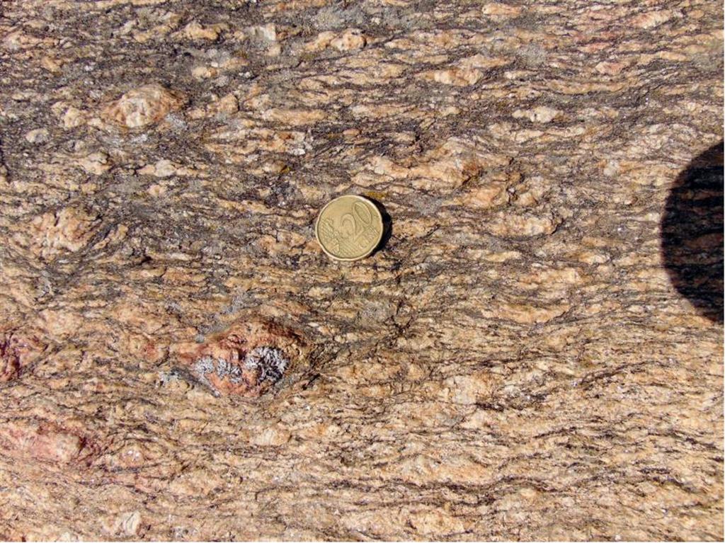 Gneis de Antoñita, ortogneis granítico con cristales de feldespato de tamaño centrimétrico mostrando una deformación con estructuras S-C y C´ Afloramiento de la foto anterior. Coord.UTM ETRS 89 (uso 30) X: 501 309,60, Y 4 546 932,92 (Afloramiento foto F-CI-153-02)