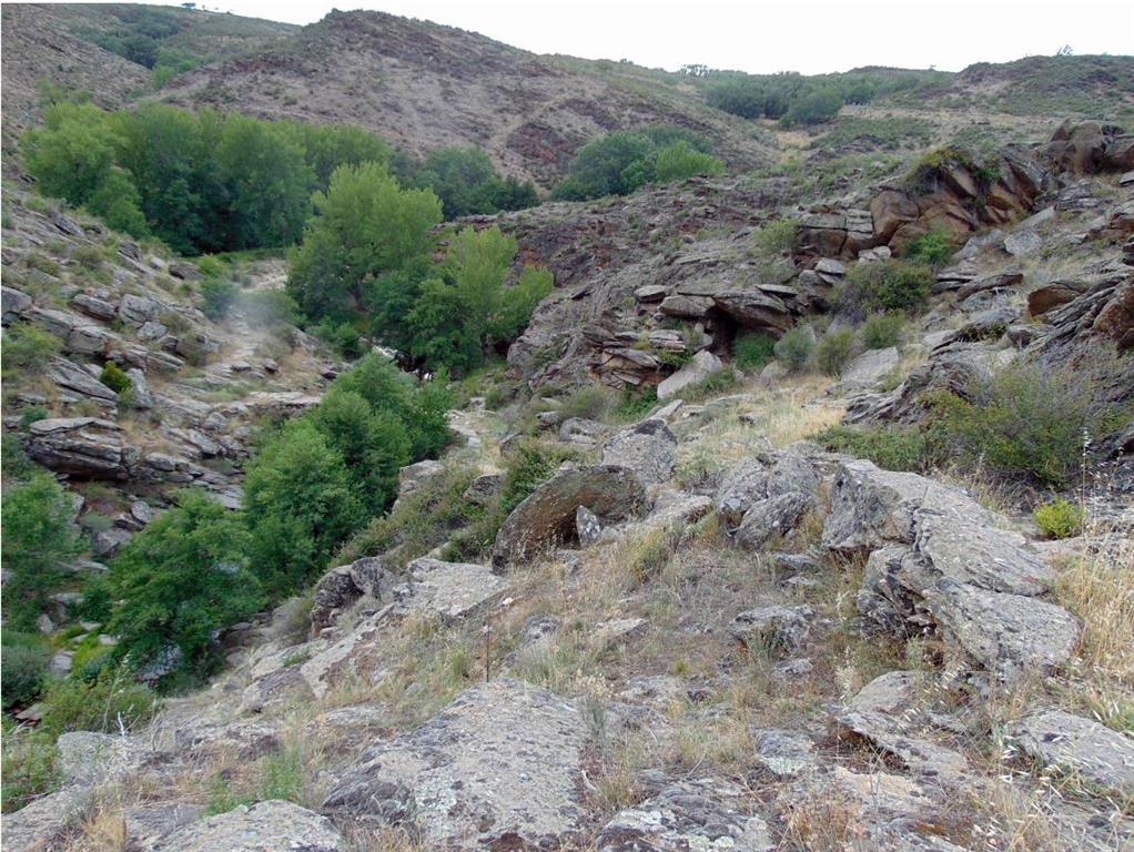 Cañon del rio Bornova excavado en los materiales de la Serie de Hiendelaencina. Vista desde la carretera de Hiendelaencina a Villares de Jadraque. Coord.UTM ETRS 89 (uso 30) X:499 763,88 Y: 4 550 501,84.