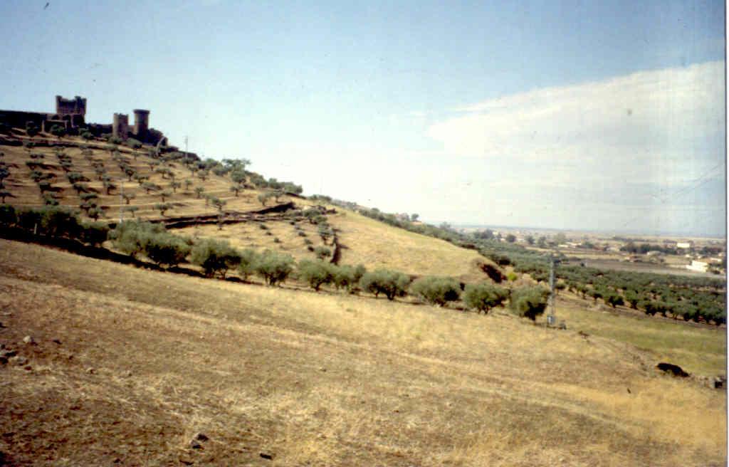 Vista panorámica del Castillo - Parador Nacional de Oropesa sobre afloramientos graníticos (ladera) en contacto cabalgante sobre materiales terciarios (zona llana a la derecha).