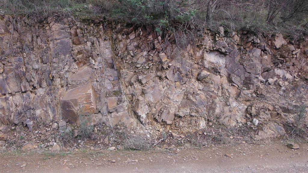 Pliegues con apretamiento variable en los materiales arenosos del Ordovícico Superior en los que encaja el filón mineralizado explotado en la mina de La Nava.