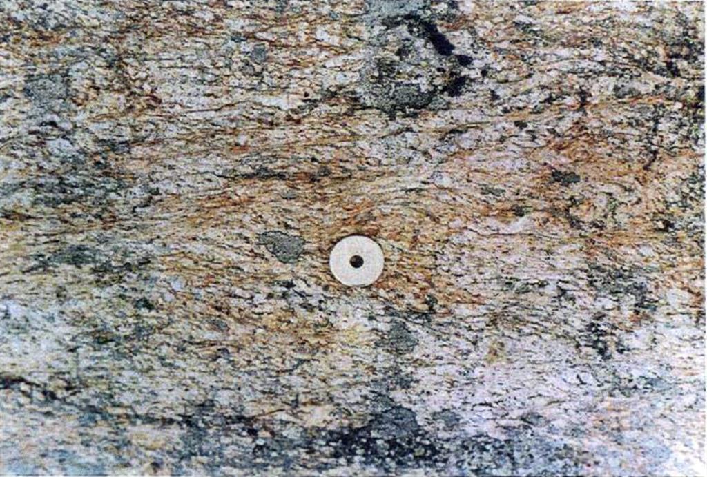 Granito de dos micas, del macizo de Doniños de Ledesma, en Encina de San Silvestre, afectado por la cizalla de Juzbado. Superficies S-C