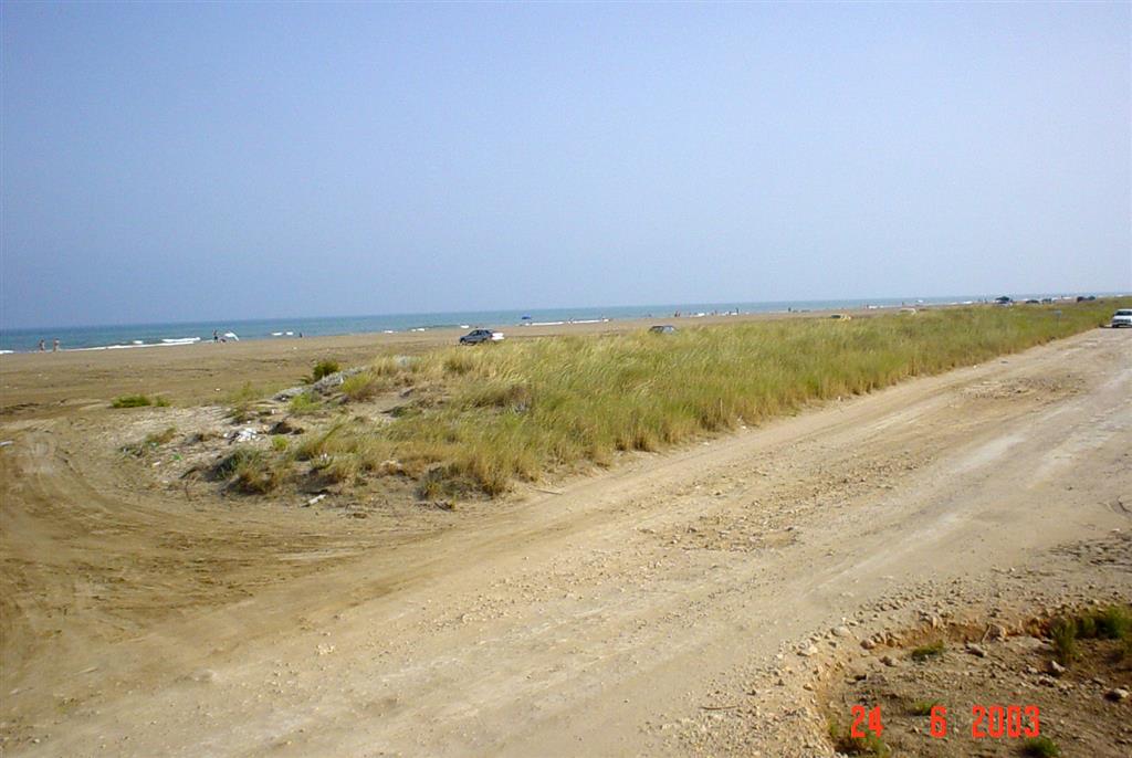 Uso turístico no controlado de la playa de Trabucador. Puede apreciarse en primer término un incipiente cordón dunar cortado por la vía de acceso a las salinas de La Banya.