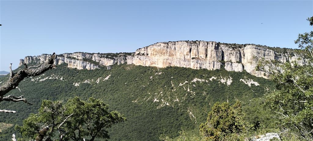 Vista general de los escarpes rocosos. La parte superior, de mayor resistencia a la erosión, está formada por calcarenitas. En la mitad inferior afloran materiales más margosos y margocalizos.