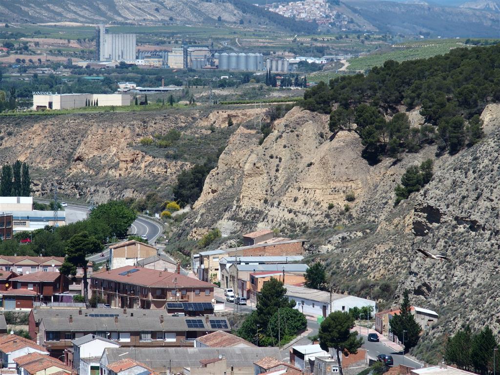 Contraste entre los niveles yesíferos y los depósitos de terraza alta del río Ebro, de tonos anaranjados.