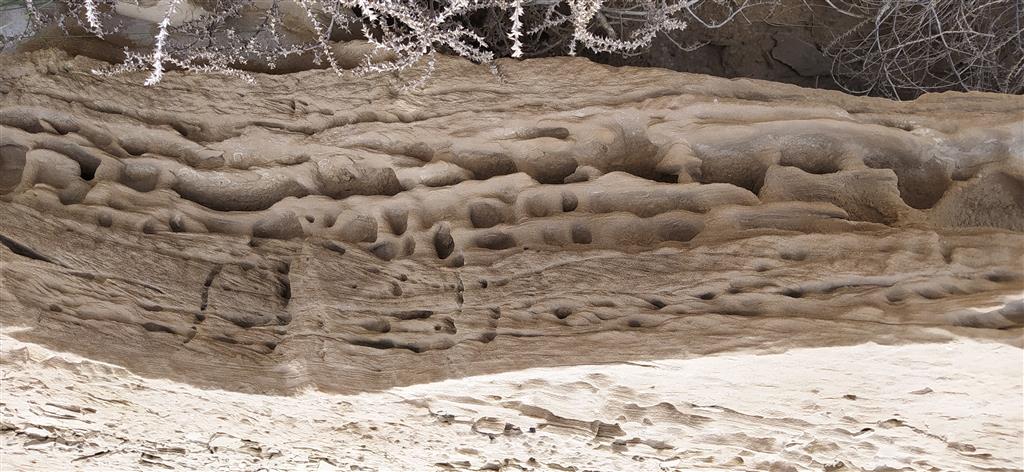 Desarrollo de alveolos y taffonis por efecto del viento, en un estrato de areniscas con estratificación cruzada.