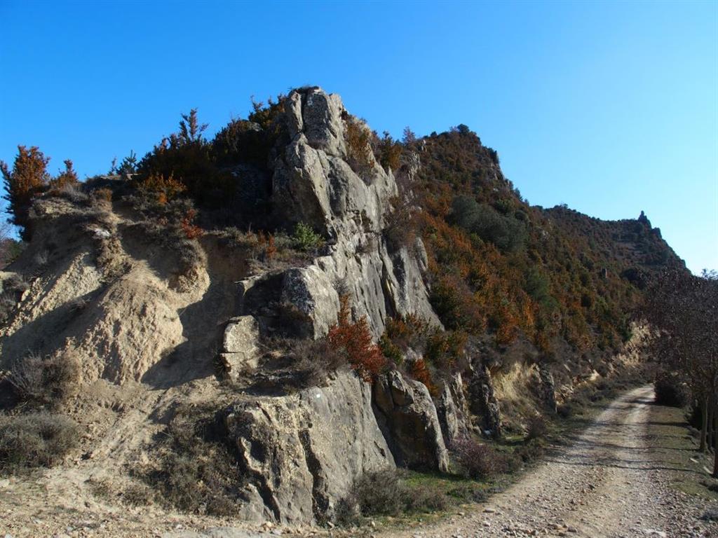 Vista transversal de las crestas rocosas de Petilla de Aragón. Las capas de arenisca alternan con tramos más lutíticos.